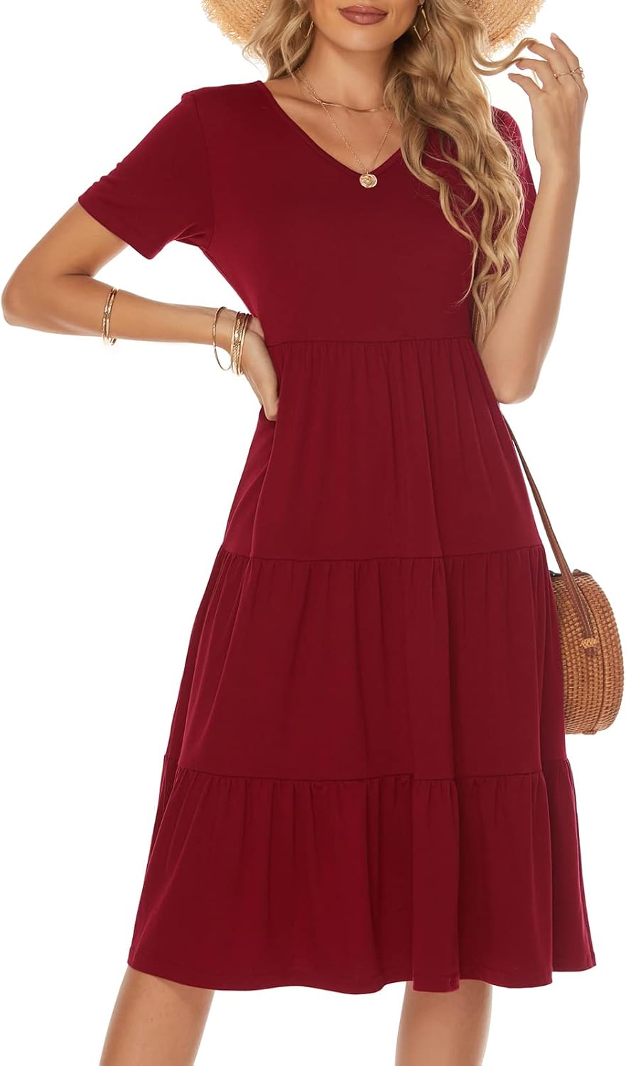 Elevate Your Summer Style with the Women's Boho V Neck Tiered Midi Dress - Perfect for Every Occasion!
