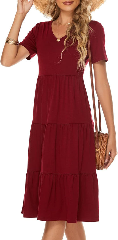 Elevate Your Summer Style with the Women's Boho V Neck Tiered Midi Dress - Perfect for Every Occasion!