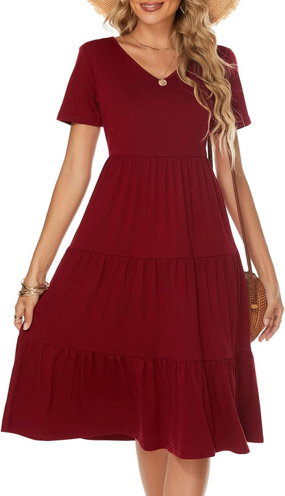Elevate Your Summer Style with the Women's Boho V Neck Tiered Midi Dress - Perfect for Every Occasion!